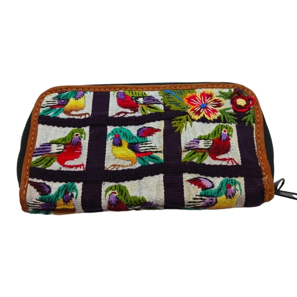 Birds Embroidered Leather Wallet Floral Boho Nature Suede Brown 23 card slots - Picture 1 of 4